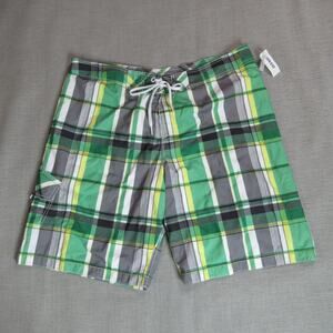 Old Navy Board Shorts Mens Size XL Green Gray White Plaid Surf Fit Beach Resort